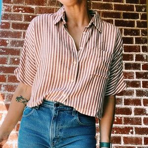 Brown Striped Linen-Blend Crop Top